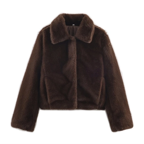 Women Casual Faux Fur Jacket Western Street Style Lapel Long Sleeve Single Breasted Loose Polyester Warm Coat Solid Color Outwear