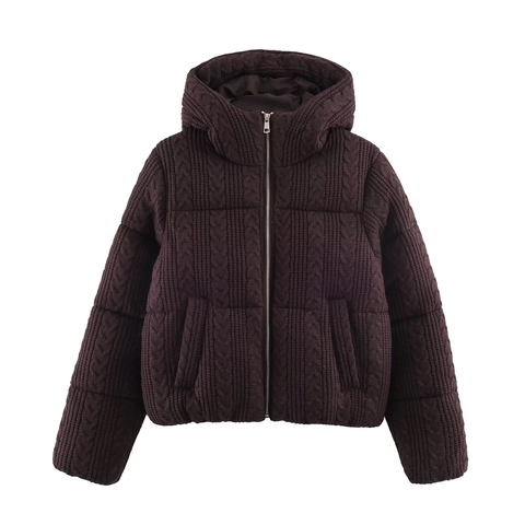 Chaqueta Acolchada con Capucha de Punto de Trenzas para Mujer Casual Color Sólido Cremallera Abrigo de Invierno Cálido