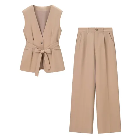 Women's Sleeveless Vest And Wide Leg Pants Set Chic Deep V-Neck Tie Belt Office Suit Casual Khaki Polyester Outfit For Lady