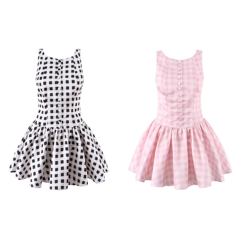 Dames Casual Mouwloze Gingham Ruit Mini Jurk Ronde Hals Enkele Rij Knopen Hoge Taille Geplooide A-lijn Satijnen Jurk