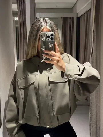 Women Casual Solid Color Bomber Jacket Long Sleeve Turn Down Collar Pocket Zipper Loose Cropped Outerwear Coat Army Green