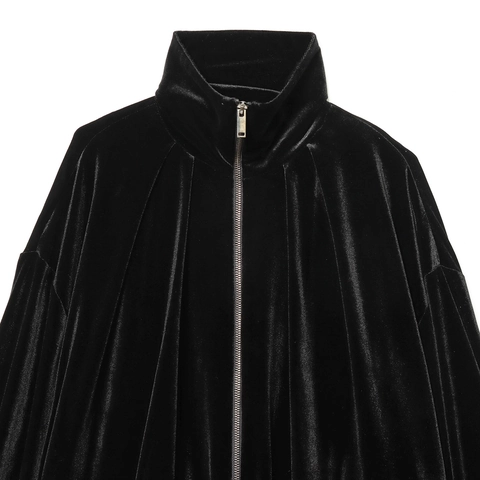 Damen Mode Samt Bomberjacke Einfarbig Schwarz Stehkragen Reißverschluss Gerafft Langarm Streetwear Oberbekleidung Mantel