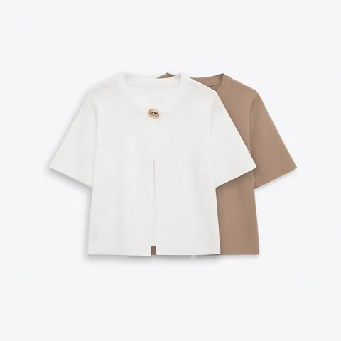 Cárdigan de Punto Elegante para Mujer con Cuello Redondo y Manga Corta Botón de Concha Dorado Suéter de Poliéster para Primavera Verano