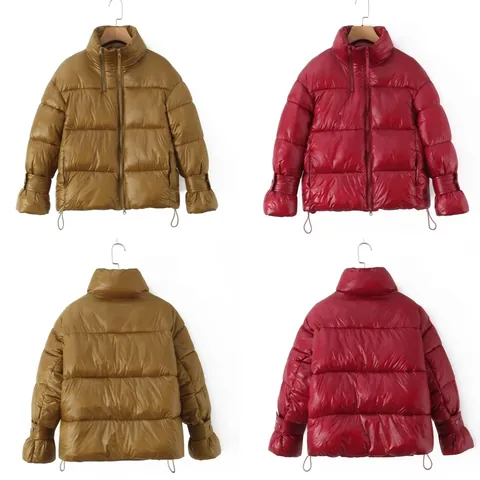 Chaqueta Acolchada de Mujer Invierno Brillante con Cuello Alto Doble Cremallera Resistente al Viento Cálido Abrigo Acolchado