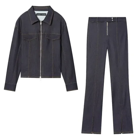 Dames Donkerblauwe Denim Set Met Contraststiksel Ritsjas En Hoge Taille Splitbroek Casual Streetwear Outfit