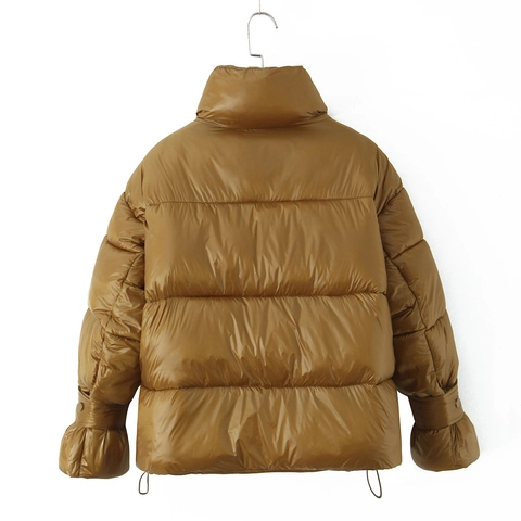 Chaqueta Acolchada de Mujer Invierno Brillante con Cuello Alto Doble Cremallera Resistente al Viento Cálido Abrigo Acolchado