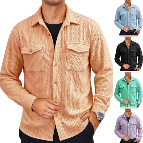 Herren Casual Langarmhemd Texturiert Mit Knöpfen Umlegekragen Doppelttaschen Einfarbig Polyester Mode Tops