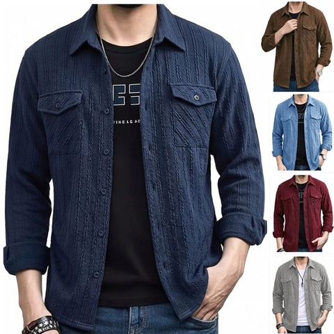 Herren Langarm Casual Hemd Vintage Vertikale Streifen Rippenstruktur Polyester Button Down Hemdjacke Mit Doppeltaschen