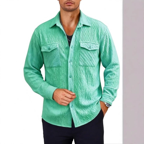 Herren Casual Langarmhemd Texturiert Mit Knöpfen Umlegekragen Doppelttaschen Einfarbig Polyester Mode Tops