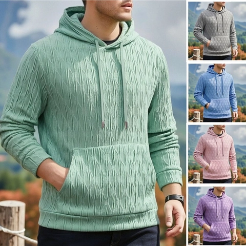 Sweat à Capuche Homme Texturé 3D Jacquard Manches Longues Pullover Décontracté Avec Poche Kangourou Et Cordon Couleur Unie