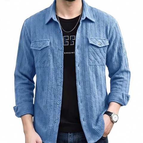 Herren Langarm Casual Hemd Vintage Vertikale Streifen Rippenstruktur Polyester Button Down Hemdjacke Mit Doppeltaschen