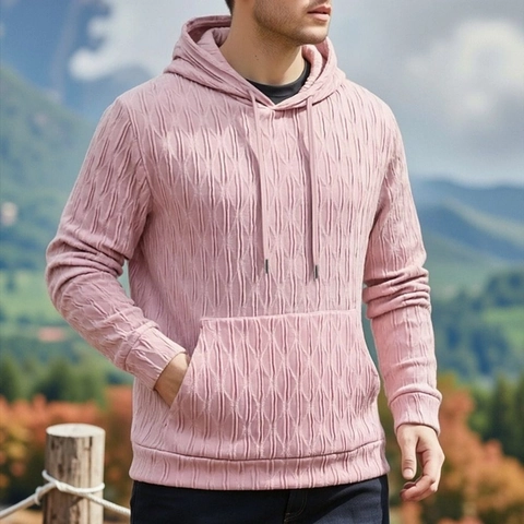 Sweat à Capuche Homme Texturé 3D Jacquard Manches Longues Pullover Décontracté Avec Poche Kangourou Et Cordon Couleur Unie