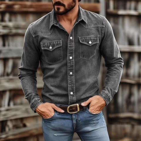 Men's Casual Long Sleeve Denim Shirt Washed Cotton Workwear Button Up Top With Double Pockets Regular Fit Outdoor Shirt