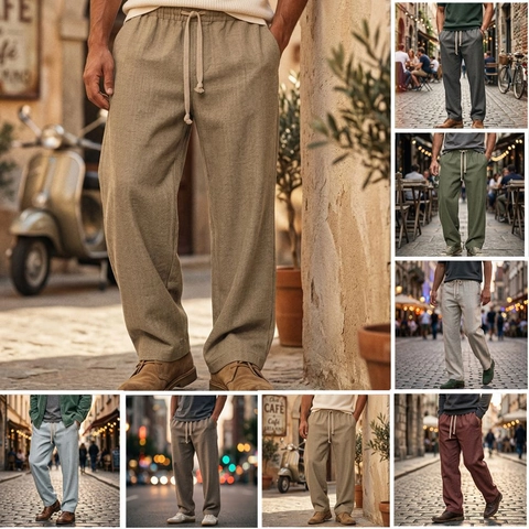 Pantaloni Casual Uomo Traspiranti Vita Elastica con Coulisse Gamba Dritta Vestibilità Larga Stile Euro Estate Tinta Unita