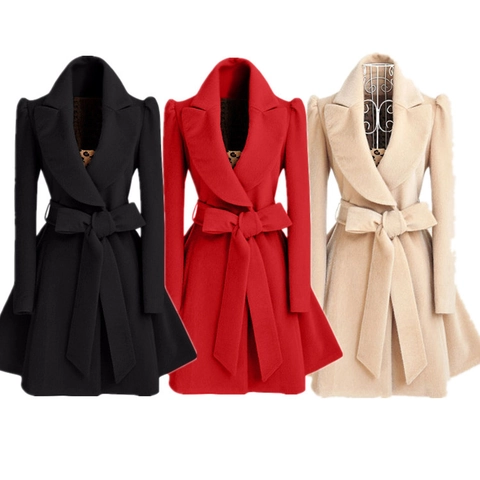Women Mid-Long Woolen Coat Elegant Slim Fit Lapel Windbreaker With Bow Belt Autumn Winter Warm Outwear Overcoat For Ladies