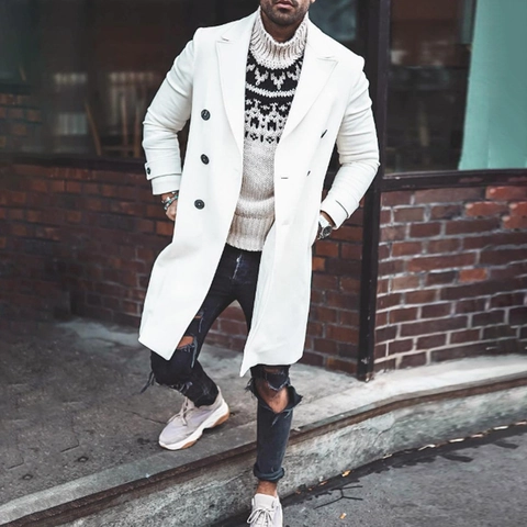 Men Fashion Mid-Long Woolen Overcoat Winter Thickened Double Breasted Notched Lapel Casual Business Trench Coat For Men