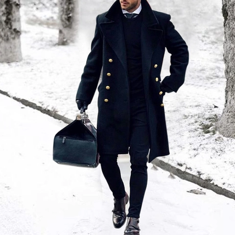 Men's Double Breasted Wool Blend Overcoat Thick Winter Long Trench Coat With Gold Buttons British Style Business Casual Jacket