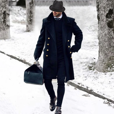Men's Double Breasted Wool Blend Overcoat Thick Winter Long Trench Coat With Gold Buttons British Style Business Casual Jacket