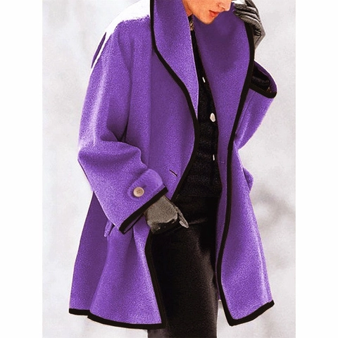 Women Lapel Woolen Coat Contrast Piping Mid-Long Loose Outerwear Autumn Winter Top Casual Patchwork Polyester Overcoat