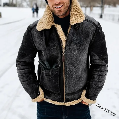 Herren Wildlederimitat Lammfell Jacke Vintage Verdickt Reißverschluss Bombermantel Winter Warm Vlies Gefüttert Top