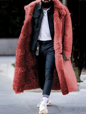 Men Thickened Suede Faux Fur Coat Winter Warm Long Jacket Windproof Patchwork Single Breasted Overcoat For Casual Outdoor
