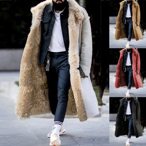 Men Thickened Suede Faux Fur Coat Winter Warm Long Jacket Windproof Patchwork Single Breasted Overcoat For Casual Outdoor