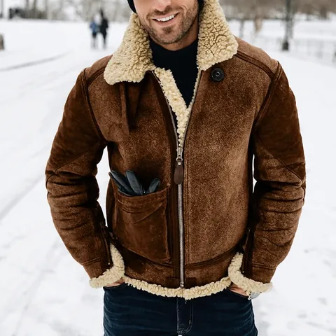 Men's Winter Faux Shearling Suede Jacket Thick Warm Color Block Fleece Lined Aviator Jacket Casual Outdoor Coat Top