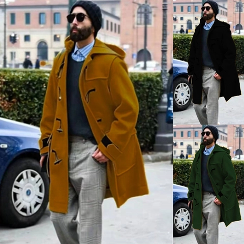Men's Duffel Coat Hooded Woolen Overcoat With Horn Buttons Winter Warm Long Sleeve Solid Color Thickened Casual Outwear Jacket