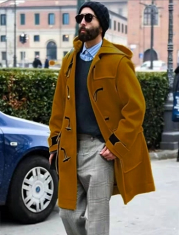 Men's Duffel Coat Hooded Woolen Overcoat With Horn Buttons Winter Warm Long Sleeve Solid Color Thickened Casual Outwear Jacket