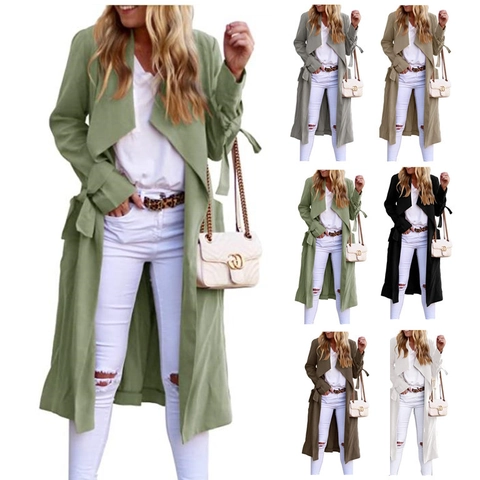 Women's Casual Lightweight Long Trench Coat Big Lapel Open Front Windbreaker Jacket With Sleeve Tie Bow Detail Cardigan
