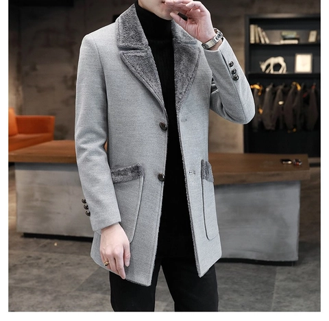 Men Business Casual Mid-Length Polyester Overcoat With Artificial Fur Collar Single-Breasted Solid Color British Style Winter Coat