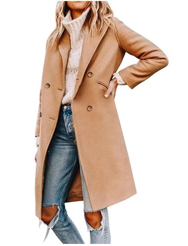 Dames Middellange Wollen Jas Double Breasted Inkeping Revers Polyester Jas Winter Warm Bovenkleding Elegant Effen Trenchcoat