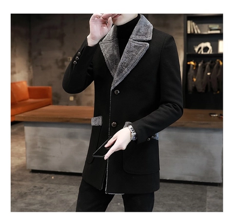 Men Business Casual Mid-Length Polyester Overcoat With Artificial Fur Collar Single-Breasted Solid Color British Style Winter Coat