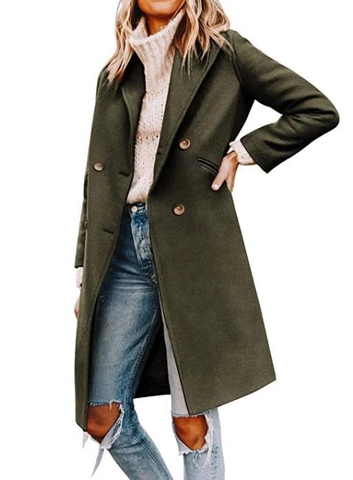 Dames Middellange Wollen Jas Double Breasted Inkeping Revers Polyester Jas Winter Warm Bovenkleding Elegant Effen Trenchcoat