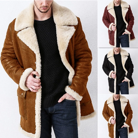 Men's Winter Suede Faux Fur Overcoat Thick Warm Mid-Length Jacket With Lapel Collar Single-Breasted Outerwear Solid Color Coat