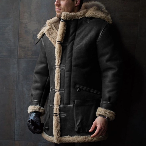 Men's Faux Suede Jacket Winter Thickened Fleece Lined Coat Faux Fur Collar Hooded Outerwear Casual Solid Color Spliced Zipper Top