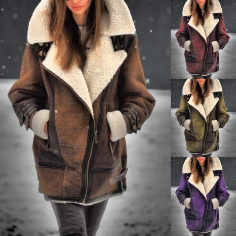 Women Winter Thick Shearling Jacket Faux Suede Fur Lined Overcoat Lapel Long Sleeve Pockets Zipper Warm Outerwear Top