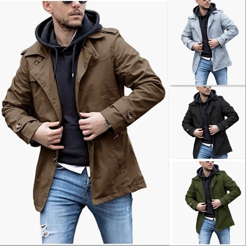 Trench Extra Lungo da Uomo Slim Fit Business Casual Revers Antivento Con Spalline Monopetto Giacca Primavera Autunno