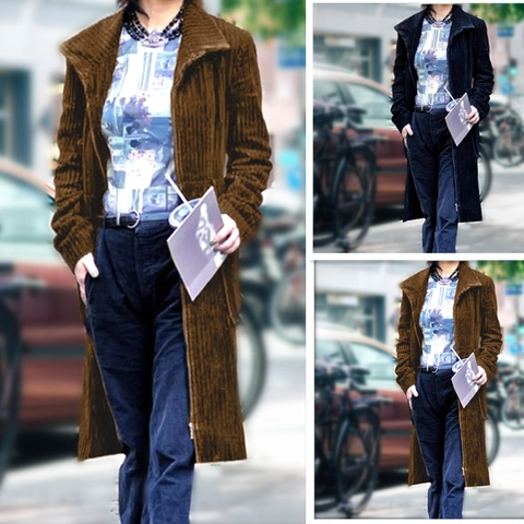Dames Vintage Lange Corduroy Jas Herfst Winter Effen Kleur Outerwear Rits Revers Mantel Met Zakken Casual Mode