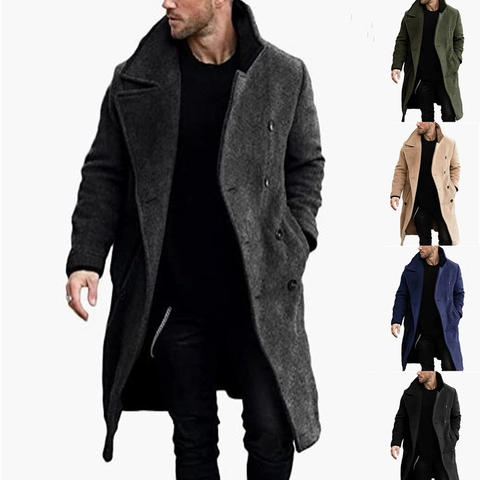 Heren Middellange Double Breasted Wollen Jas Effen Kleur Dikke Winter Trenchcoat Revers Business Casual Jas Bovenkleding