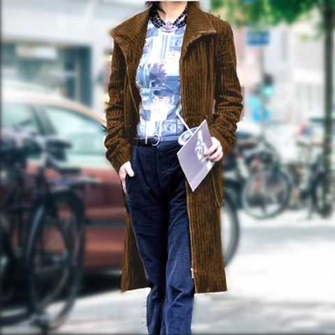 Dames Vintage Lange Corduroy Jas Herfst Winter Effen Kleur Outerwear Rits Revers Mantel Met Zakken Casual Mode