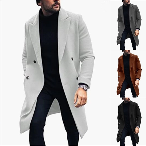 Men's Double Breasted Woolen Overcoat Slim Fit Long Trench Coat Winter Warm Fashion Casual Business Jacket