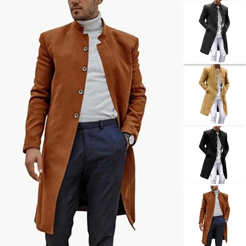 Men's Long Woolen Coat Slim Fit Stand Collar Single Breasted Overcoat Casual Business Thickened Windproof Jacket For Autumn Winter