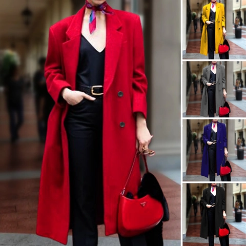 Women's Elegant Long Woolen Coat Double Breasted Lapel Windbreaker Jacket Casual Solid Color Commuter Outerwear Overcoat