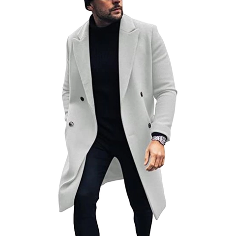 Herren Zweireihiger Wollmantel Dick Polyester Business Casual Trenchcoat Reverskragen Lange Jacke Für Winter Herbst