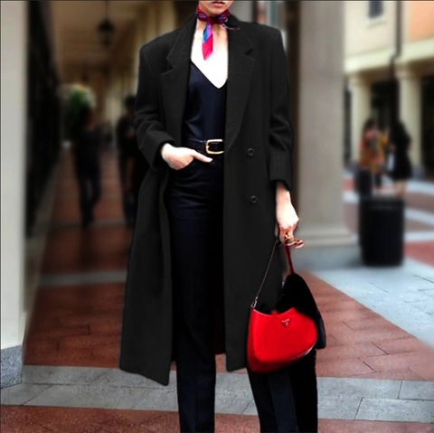 Women's Elegant Long Woolen Coat Double Breasted Lapel Windbreaker Jacket Casual Solid Color Commuter Outerwear Overcoat