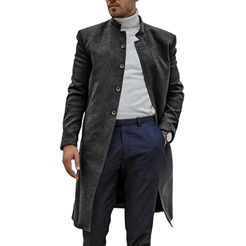 Men's Long Woolen Coat Slim Fit Stand Collar Single Breasted Overcoat Casual Business Thickened Windproof Jacket For Autumn Winter