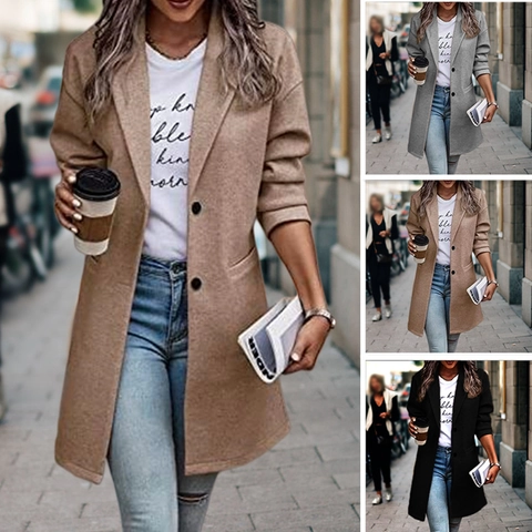 Dames Lange Wollen Jas Double-breasted Reverskraag Effen Kleur Overjas Polyester Herfst Winter Casual Woon-werkverkeer Bovenkleding
