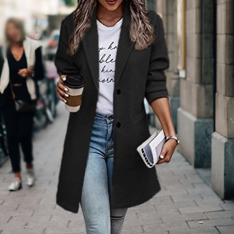 Dames Lange Wollen Jas Double-breasted Reverskraag Effen Kleur Overjas Polyester Herfst Winter Casual Woon-werkverkeer Bovenkleding