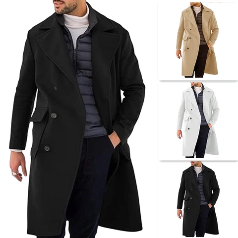 Heren Lange Wollen Jas Double Breasted Reverskraag Winter Dik Warm Business Casual Lange Trenchcoat Outwear Jack
